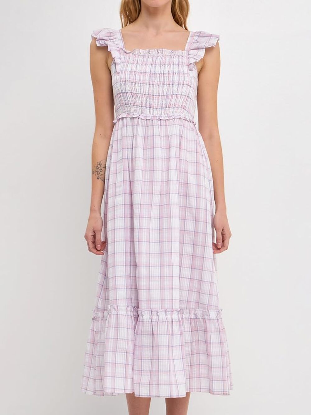 English Factory Plaid Midi Dress Small Pink White Purple Ruffle Smocked